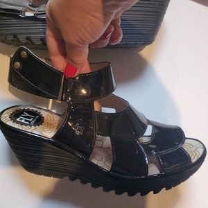 Fly London Patent Leather Wedge Sandals